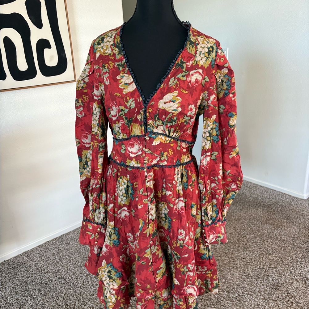 Trish Scully Coralie  Bohemian Dress Long Sleeve Floral in Red Size Large